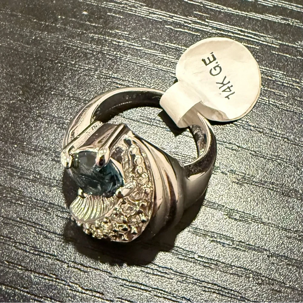 NWT Vintage 14K White Gold Electroplated Ring with Blue CZ - Picture 4 of 4